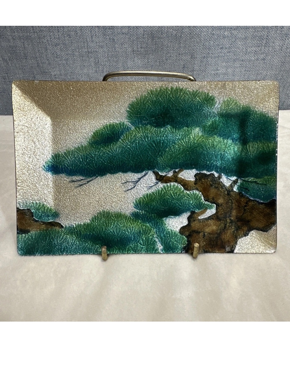Vtg Japanese Cloisonne Shippo Tray Enamel Matsu Pine Tree  Art 7X4.5 Gold, Green